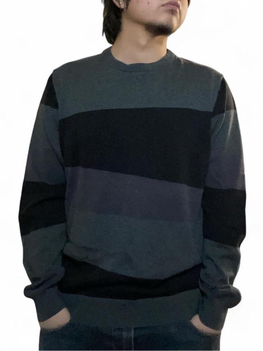 Striped Crewneck Sweater - Black & Grey Colorblock Knit -‎ Men's XL